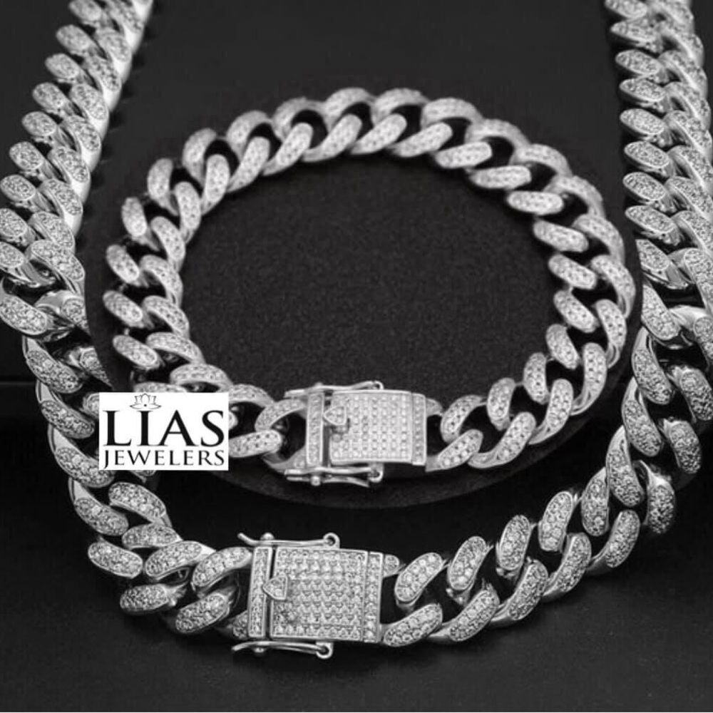 New 18k white gold filled Cuban Link chain set